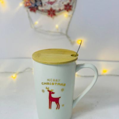 المج الخزف بالغطاء الخشب 🪵 بمعلقة 🥄 المجسم 🎅🏻